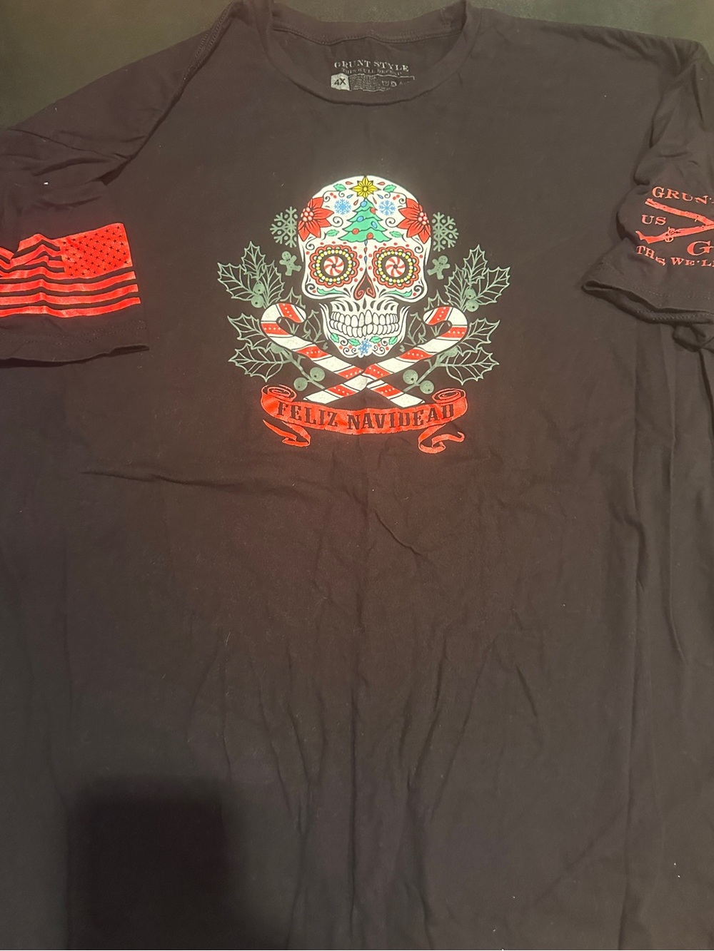 4X Grunt Style Black Tee with Colorful Sugar Skull Graphic FELIX NAVIDEAD 🎅